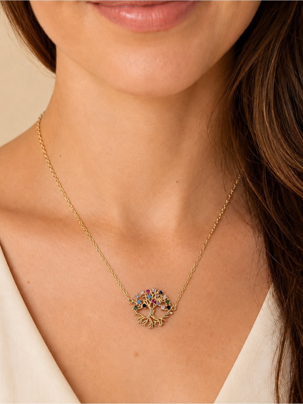 Gold Tree of Life Necklace with Multicolor Gemstones steel 316L